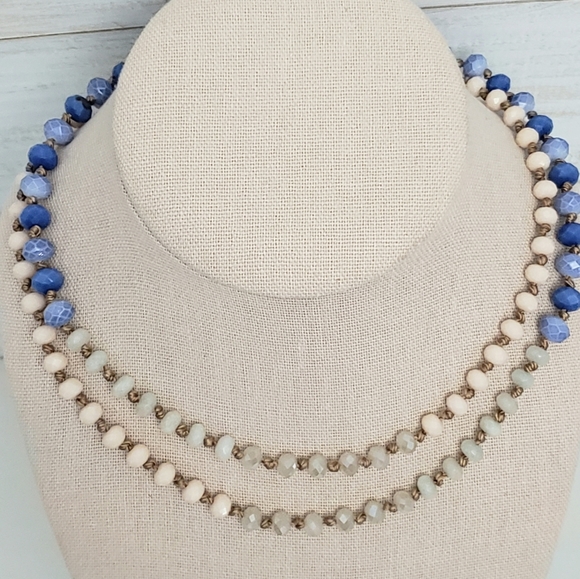 Glass Bead Tri Color Ombré Geometric Beads Long Necklace - Picture 4 of 10